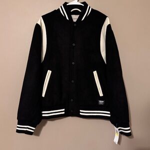 HUDSON Wool Blend Varsity Bomber Jacket Black Ivory Faux Leather Mens Large NWT